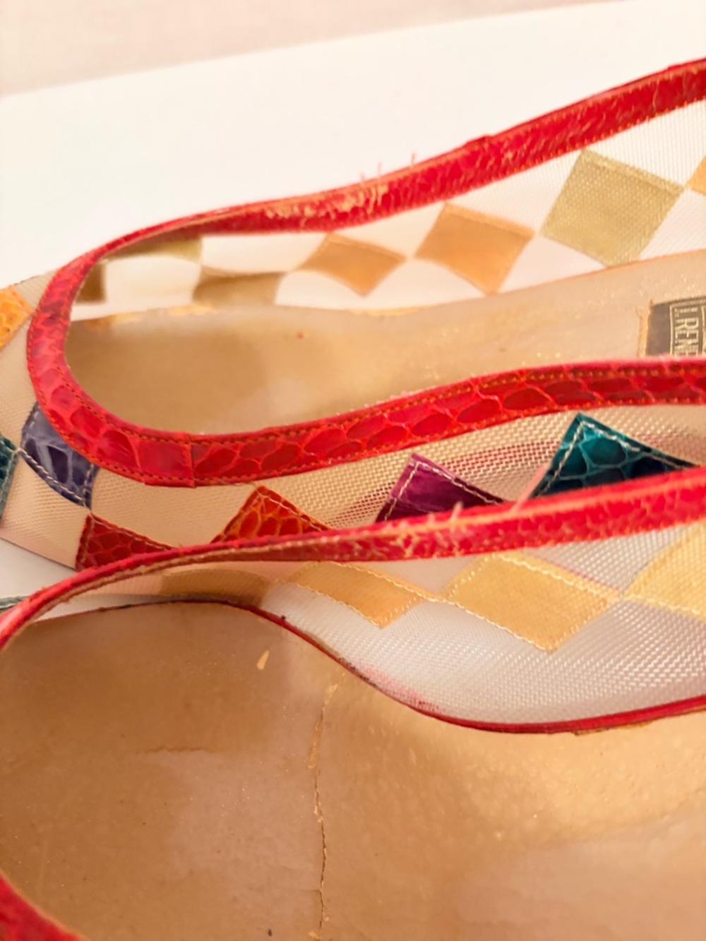 Multicolor Patchwork Pointed Toe Flats with Red Trim - Picture 6 of 9
